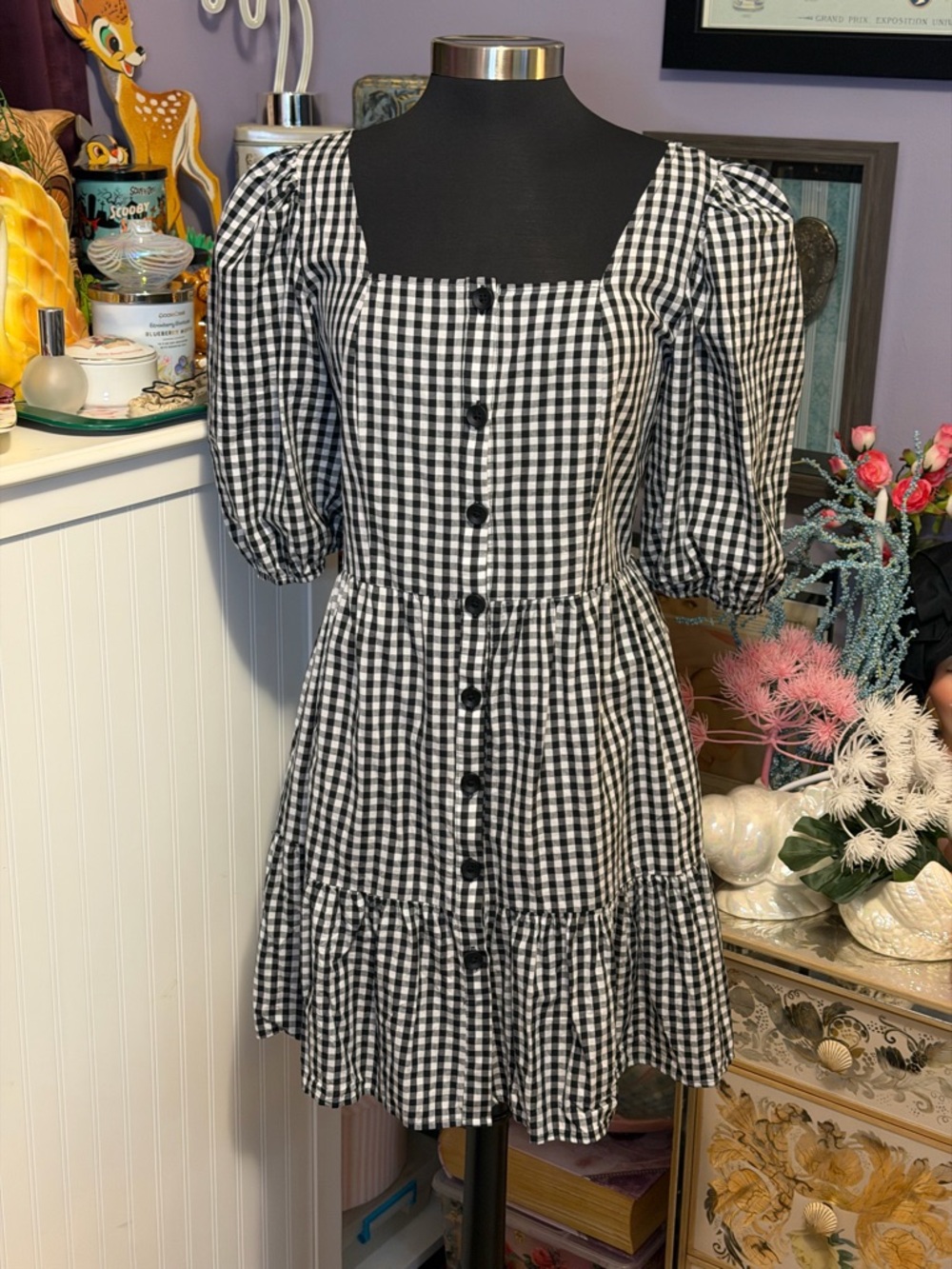 Jack And Avery All Cotton Puff Sleeve Button Up Ruffle Dress Gingham Black White